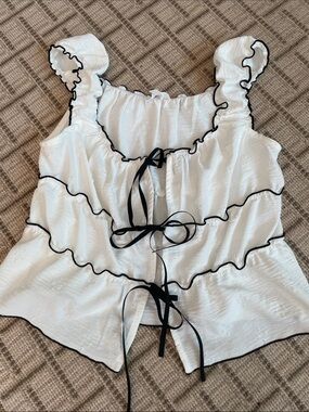 White Ruffled Tie-Front Women's Top with Black Trim